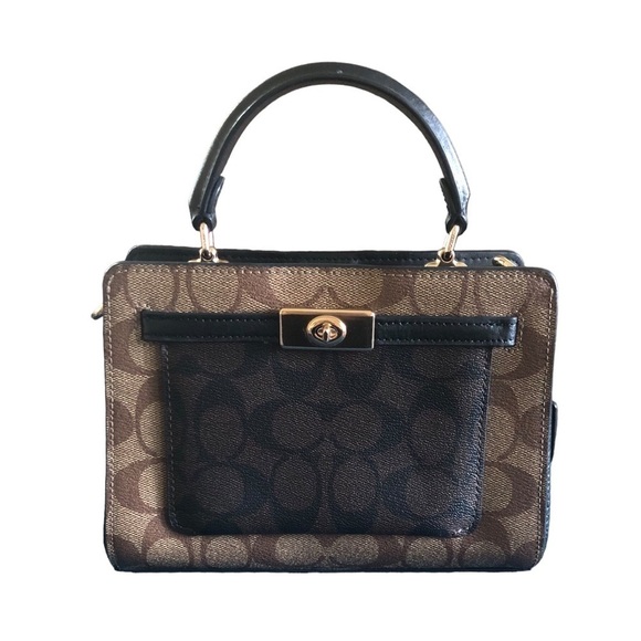 Coach Mini Lane Top Handle In Blocked Signature Canvas Pockets Leather D… - Picture 1 of 8